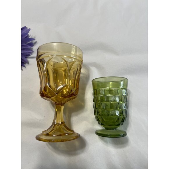 Vintage Amber Goblet & Green Juice Glass Set - Picture 2 of 6